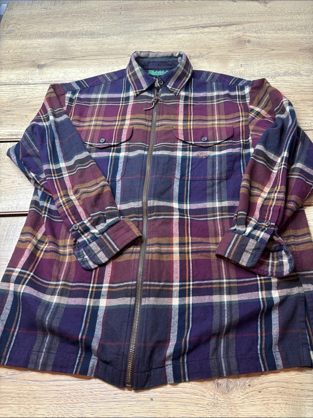 Women’s Ralph Lauren Plaid Zip-Front Shirt Jacket in Navy, Purple, Green Size S